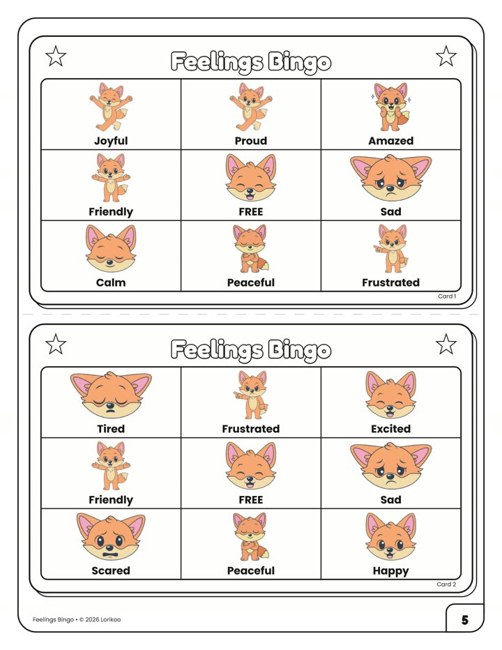 Feelings Bingo cards