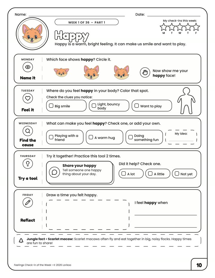 A weekly page from the Feelings Check-in