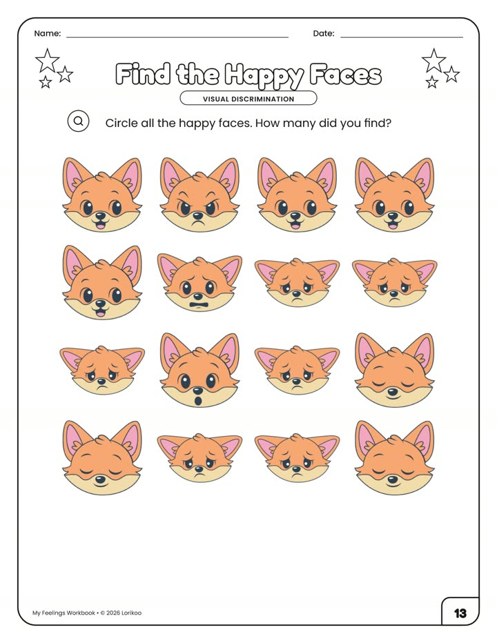 Find the Happy Faces workbook page