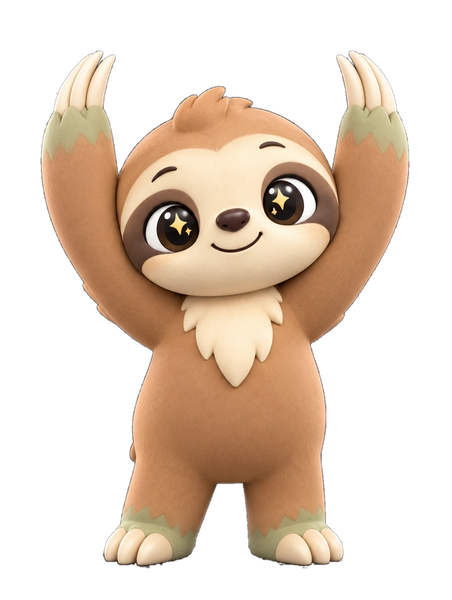 Lulo the Lorikoo sloth stretching with arms up